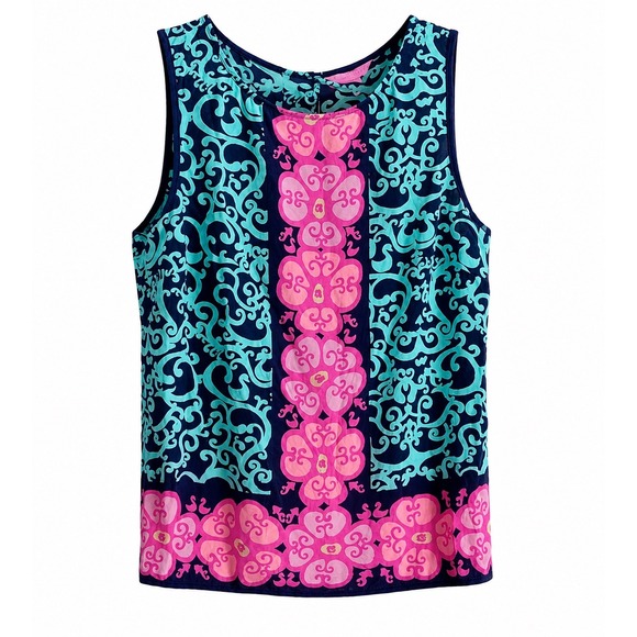 Lilly Pulitzer Tops - Lilly Pulitzer Silk Tank Blouse Medium Pink Blue Print Button Back Sleeveless